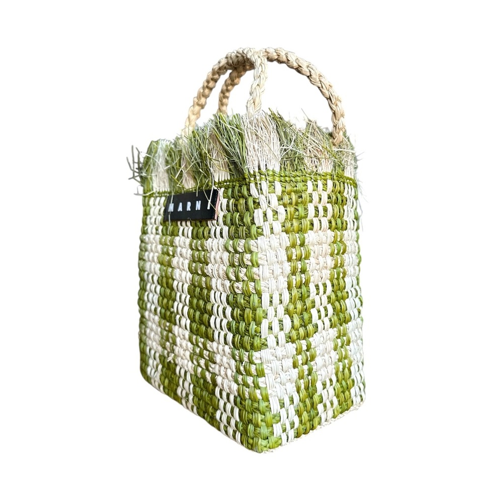 Marni Market Olive and Cream Woven Raffia Tote Bag - Picture 4 of 9